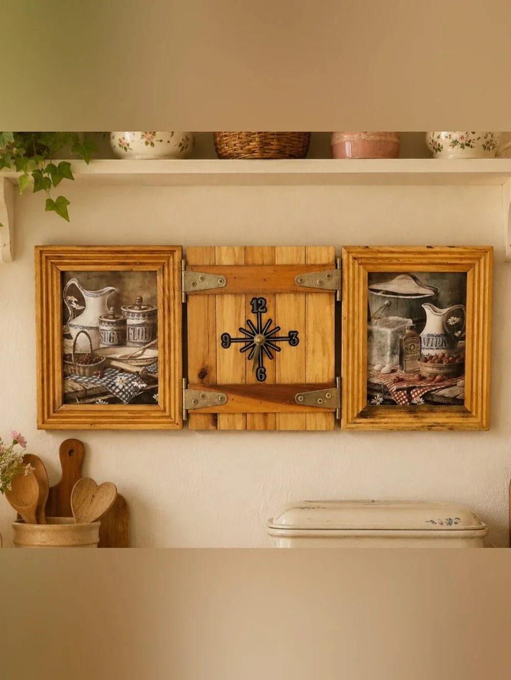 Vintage 1970s Wood Triptych Wall Clock & Dual Picture Frames | Rustic Farmhouse